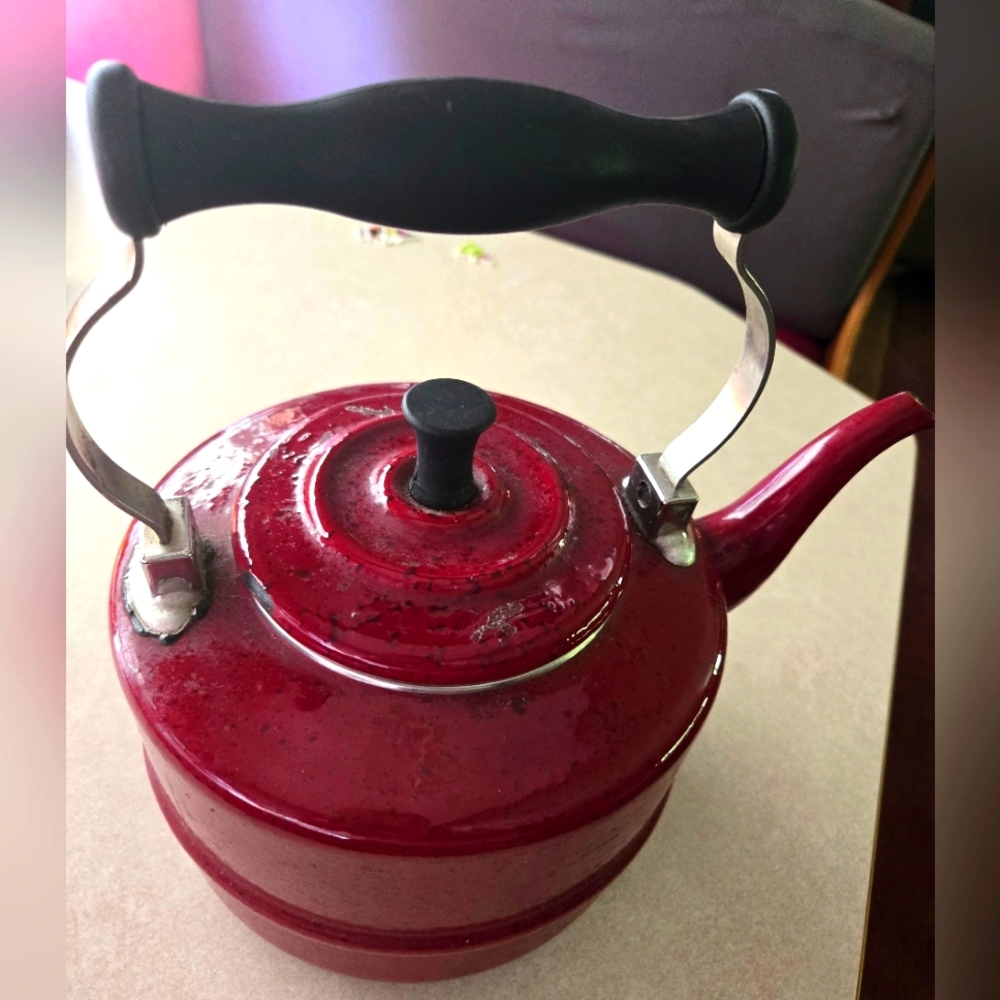 Paula Dean Speckled Tea Pot Burgundy Enamel Stove Top Tea Kettle